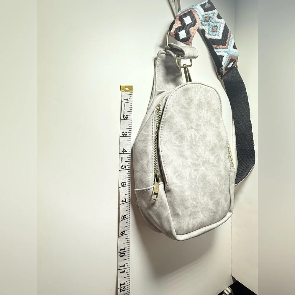 Gray Crossbody Bag with Patterned Strap